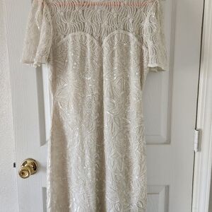 American Night Elegant Cream Lace Beaded Dress Sz S 6-8 100% Natural Silk